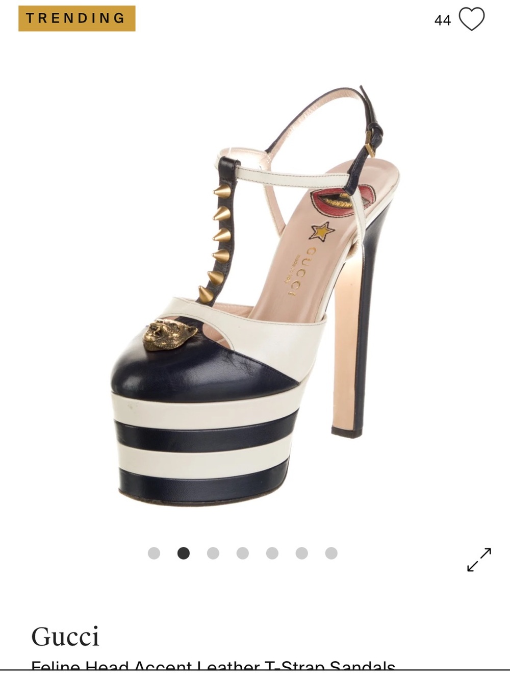 Gucci Navy and White Striped Platform Slingback Heels with Gold Spikes